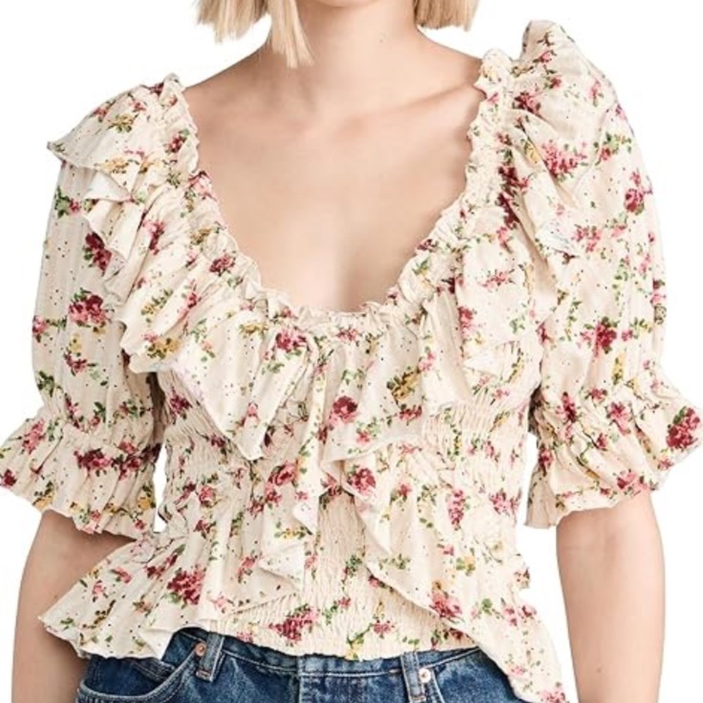 Free People FP Women’s Aster Floral Favorite Girl Ruffled Smocked Top Large L - Picture 2 of 14